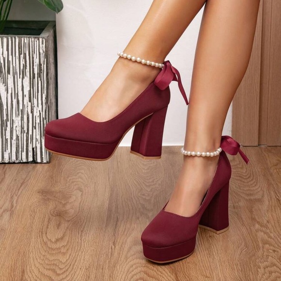 Fashion Pearl Bow Bridal Shoes, Bridesmaid Shoes, Wine Red Super Soft Satin